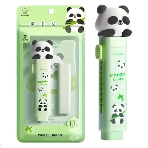 1 Pcs Cartoon Shaped Cute Erasers Push Pull Design Retractable Erasers Pastel Aesthetic Pencil Eraser Cute Rubber for Kids Students School Office Stationery (Panda Green)