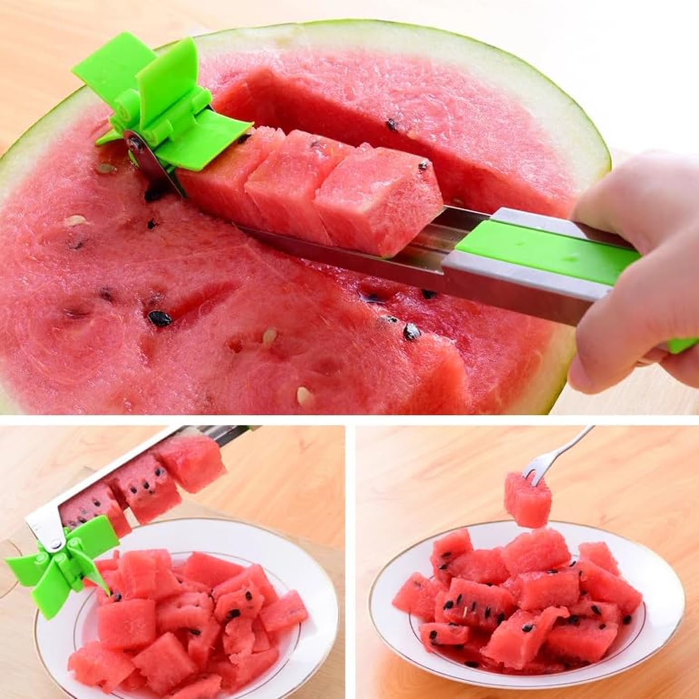 1PC Watermelon Slicer Stainless Steel Windmill Cutter | Fruit Carving Knife Tool for Quick Cube Cutting | Mess-Free, Kid-Safe Melon Slicer for Kitchen, Picnic & Summer Snacking (Green)