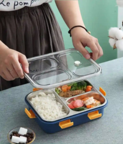 3 Compartment Transparent Stainless Steel Lunch Box with a Spoon and a Pair of Chopsticks (1 Set)