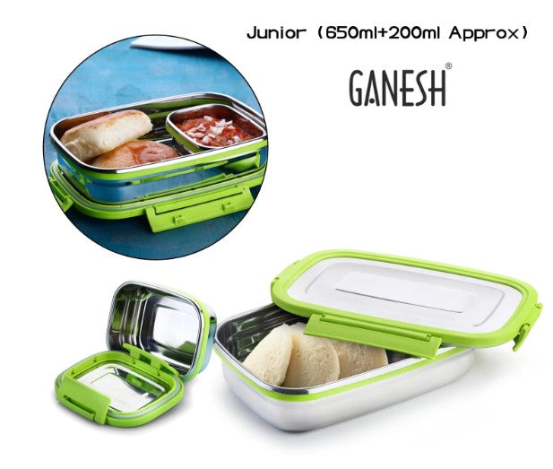 Ganesh Craze Stainless Steel Tiffin Lunch Box Container with 4 Side Clip Lock \Easy to Carry/Leak Proof(650ml 1pc + 140ml 1 Pc) Green