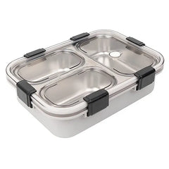 3 Compartment Transparent Stainless Steel Lunch Box with a Spoon and a Pair of Chopsticks (1 Set)