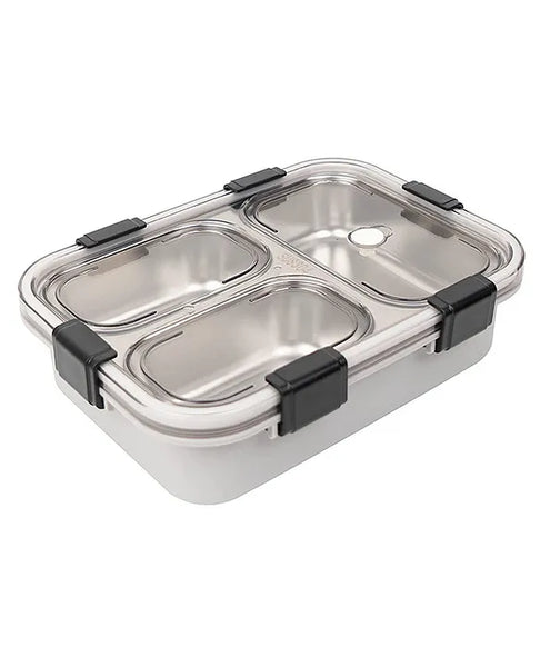 3 Compartment Transparent Stainless Steel Lunch Box with a Spoon and a Pair of Chopsticks (1 Set)