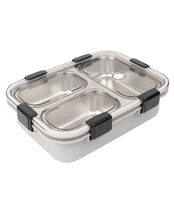 3 Compartment Transparent Stainless Steel Lunch Box with a Spoon and a Pair of Chopsticks (1 Set)