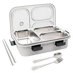 3 Compartment Transparent Stainless Steel Lunch Box with a Spoon and a Pair of Chopsticks (1 Set)
