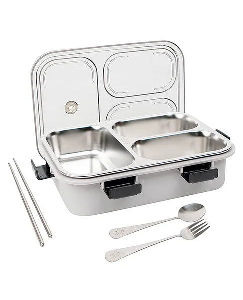 3 Compartment Transparent Stainless Steel Lunch Box with a Spoon and a Pair of Chopsticks (1 Set)