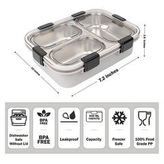 3 Compartment Transparent Stainless Steel Lunch Box with a Spoon and a Pair of Chopsticks (1 Set)