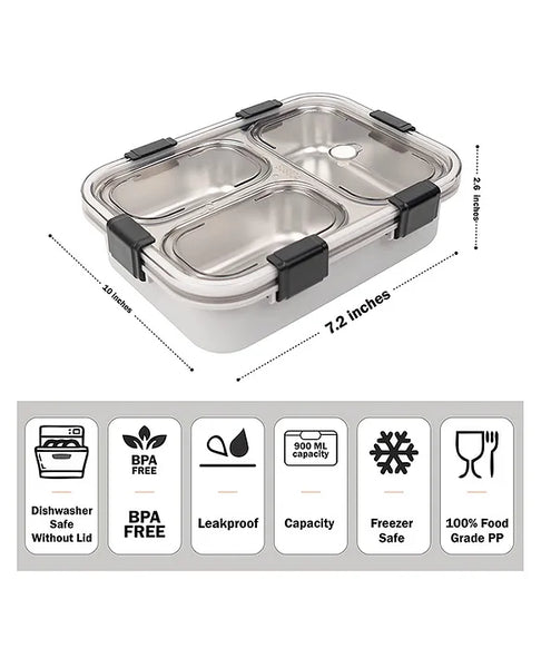 3 Compartment Transparent Stainless Steel Lunch Box with a Spoon and a Pair of Chopsticks (1 Set)