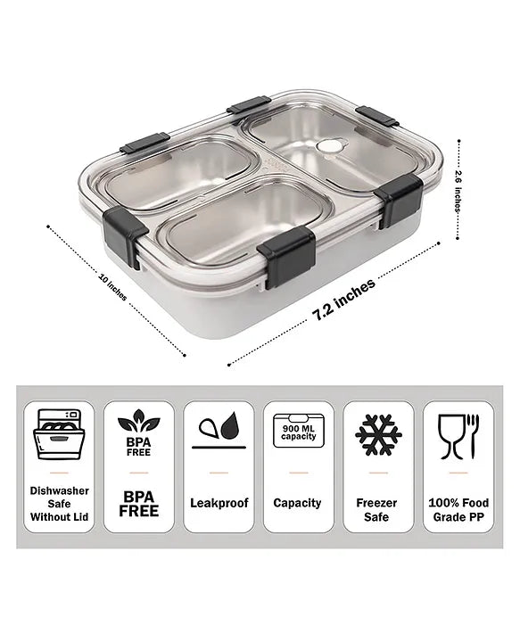 3 Compartment Transparent Stainless Steel Lunch Box with a Spoon and a Pair of Chopsticks (1 Set)