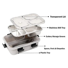 3 Compartment Transparent Stainless Steel Lunch Box with a Spoon and a Pair of Chopsticks (1 Set)