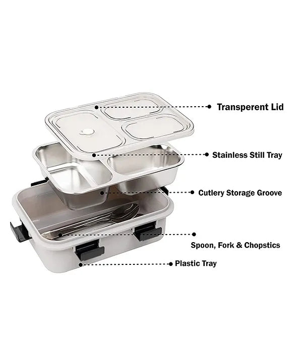 3 Compartment Transparent Stainless Steel Lunch Box with a Spoon and a Pair of Chopsticks (1 Set)