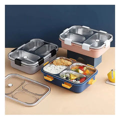 3 Compartment Transparent Stainless Steel Lunch Box with a Spoon and a Pair of Chopsticks (1 Set)