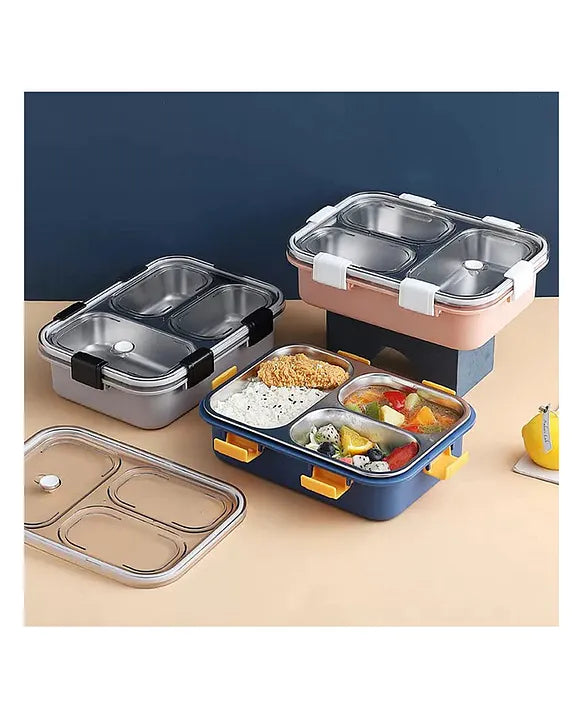 3 Compartment Transparent Stainless Steel Lunch Box with a Spoon and a Pair of Chopsticks (1 Set)