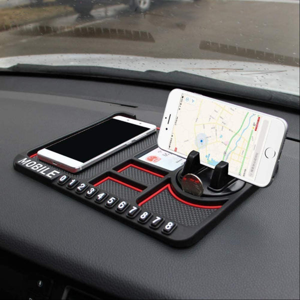 Car Dashboard Multi Function Non Slip Anti Skid PVC Pad Mat with Mount Phone Holder Stand Parking Numbers for Coins Keys Cellphone (Pack of 1) Multi Color