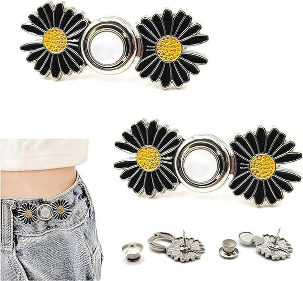 Adjustable Waist Buckle Set, Extra Button for Jeans to Make Tighter, Instant Jeans Button Pins for Pants Jeans Skirts, (2-Pair)(Black)