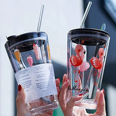 Drinking Glass Cup With Silicone StrawGlass Measuring Drinking Mug with Handle and Clear Lid with Silicone Straw for Girls & Boys Multiple Usage 350 ml