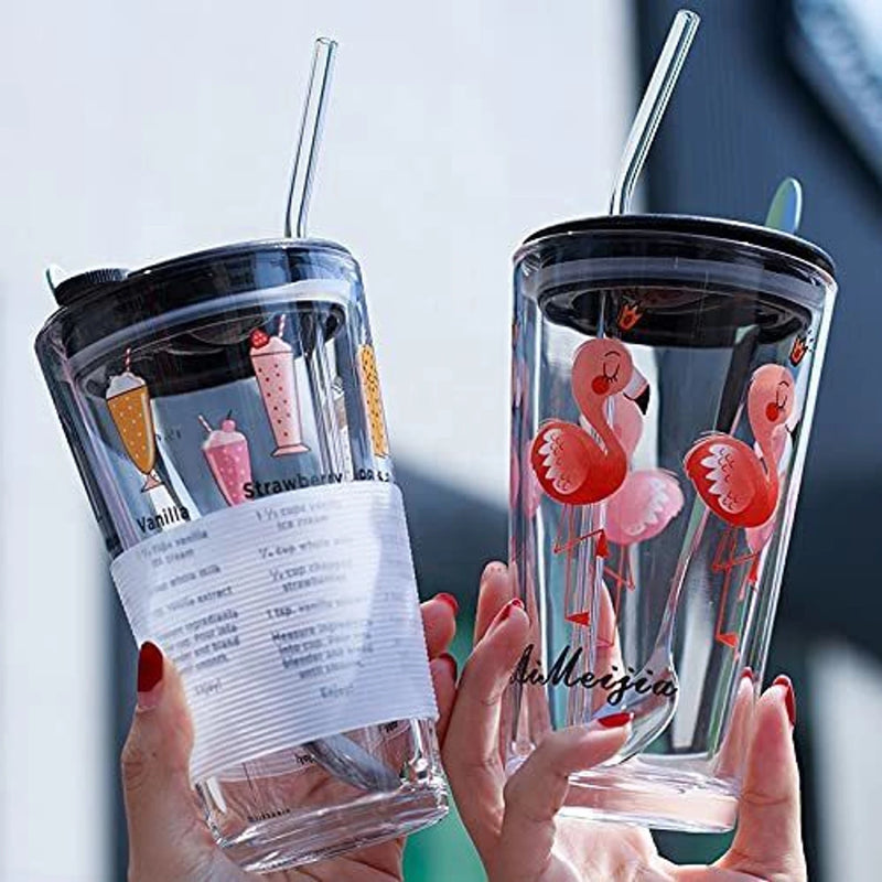 Drinking Glass Cup With Silicone StrawGlass Measuring Drinking Mug with Handle and Clear Lid with Silicone Straw for Girls & Boys Multiple Usage 350 ml