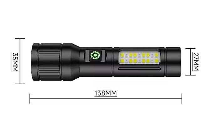 Crobat Aluminum Alloy Rechargeable Tactical Flashlight Torch, 6 Modes, Aluminum Body, Telescopic Zoom Rechargeable Battery, Type-C Fast Charging, Waterproof Body
