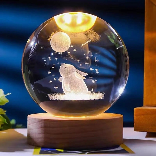Moon Rabbit Crystal Ball Night Light,Glass Ball Night LED Lamp with USB Powered 2.36 Inch Wooden Base Colorful Crystal Ball for Gifts Men,Women,Kids,Boys,Girls (Moon Rabbit)