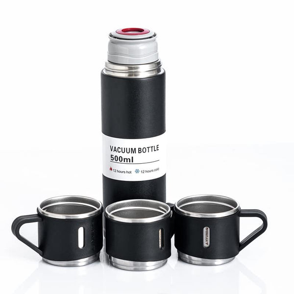 Fruconuts Vacuum Flask Gift Set Bottle with 3 Cups 500 ml Flask (Pack of 1, Black, Steel) 500 ml Flask (Pack of 1, Black, Steel)