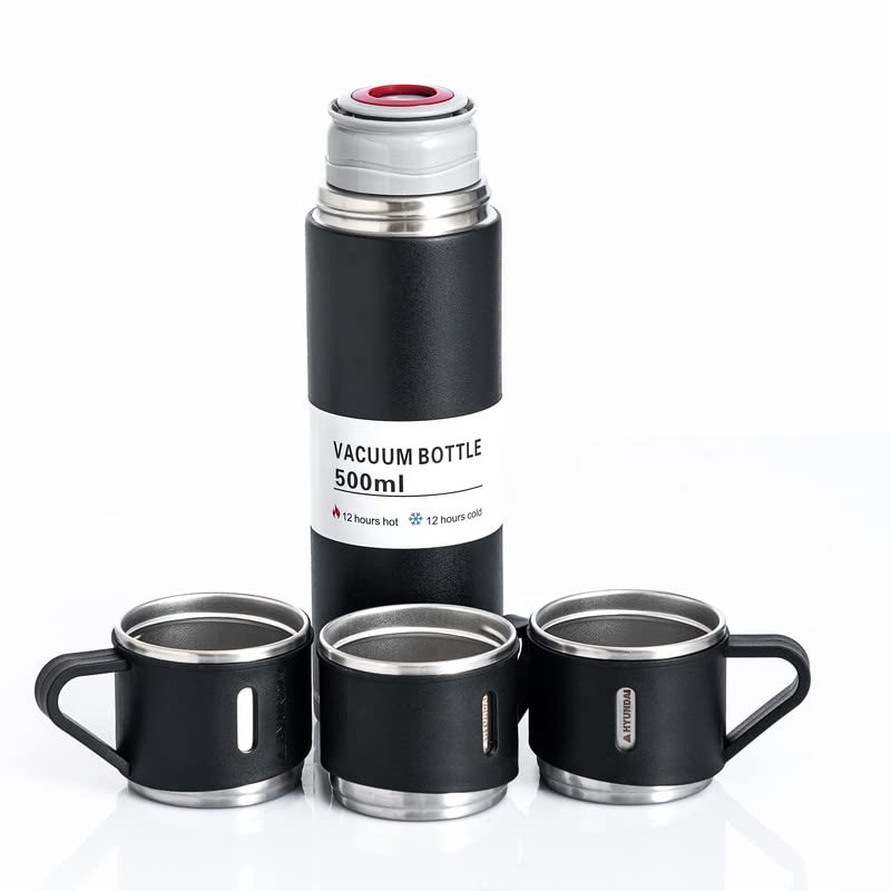 Fruconuts Vacuum Flask Gift Set Bottle with 3 Cups 500 ml Flask (Pack of 1, Black, Steel) 500 ml Flask (Pack of 1, Black, Steel)