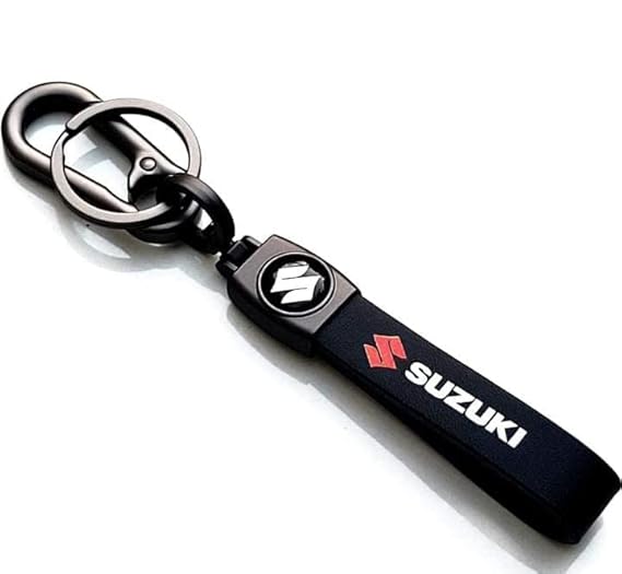 Catchy Premium Leather & Metal Bikes Stainless Steel Locking Hook Antirust Keychain Unique Stylish Look For Men/Women Keyring Compatible with Car and Bike I Suzuki (Black)