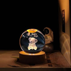 Teddy Bear 3D Crystal Smile Day Lamp – USB Powered, Engraved Crystal Ball LED Night Light with Wooden Base Ideal for Home & Office Décor, Birthday Gift for Adults (Warm White) (Smile Day Taddy)