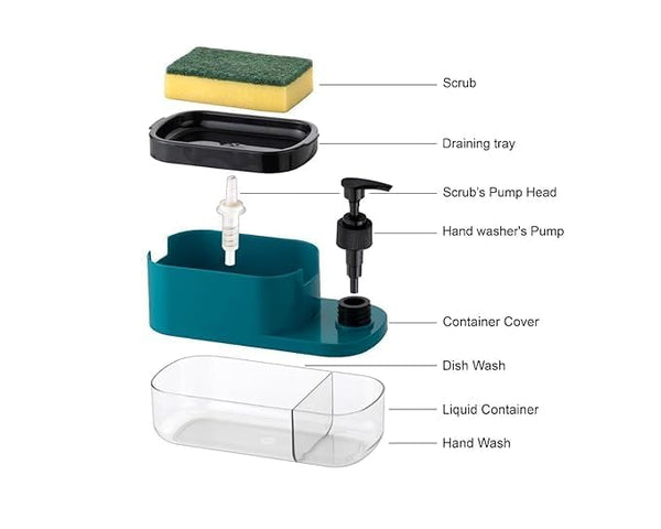 3 in 1 Soap Pump Dispenser Dish Soap Liquid Dispenser Sponge Holder Dish Soap Pump Dispenser for Kitchen Sink Countertop Kitchen Bathroom