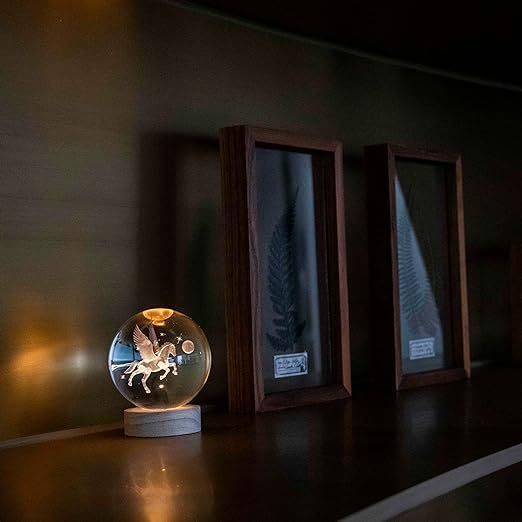 Wings Unicorn Crystal Ball Night Light | Dimmable Engraved LED Glass Ball Table Lamp with USB and Wooden Base for Home Decor, Office, Birthday Gift & Kids Bedroom, 3D Galaxy Lamp Ball (Unicorn)