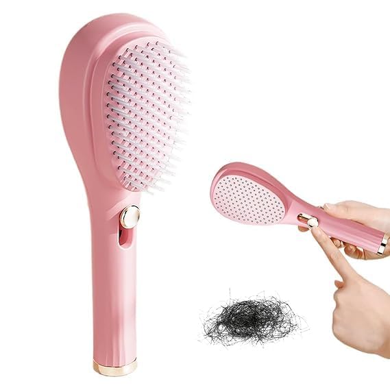 Lady Hair Brush with Self-Cleaning Bristles - Ergonomic Handle, Anti-Static, Telescopic Design for All Hair Types and Wigs, One-Click...