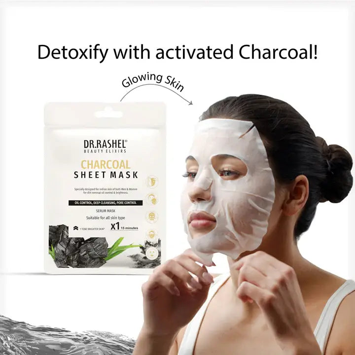DR.RASHEL Charcoal Face Sheet Mask With Serum For Women and Men | All Skin Types | Soft and Healthy Skin | Deep Cleansing & Oil Control | Repairing & Nourishment | Soothing And Hydrating | Paraben Free | Pack Of 1
