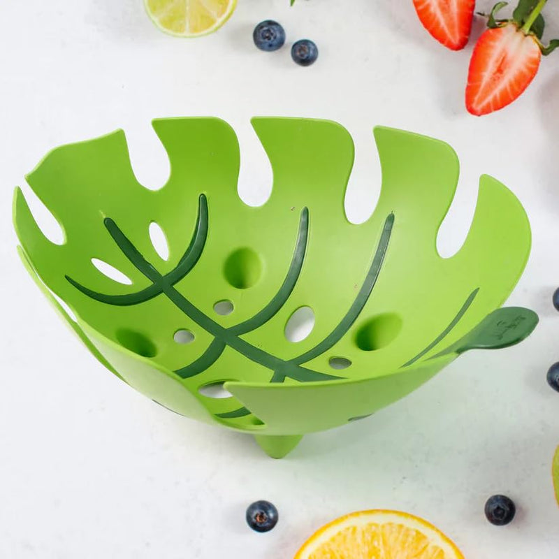 Fruit Basket 1 Pc – Leaf Shaped Plastic Basket for Storage, Stylish Decorative Kitchen Organizer Bowl for Fruits and Vegetables, Durable Ventilated Cut-Out Design for Home & Kitchen Use