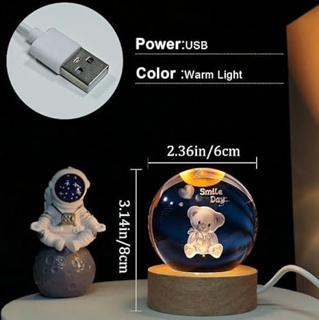 Teddy Bear 3D Crystal Smile Day Lamp – USB Powered, Engraved Crystal Ball LED Night Light with Wooden Base Ideal for Home & Office Décor, Birthday Gift for Adults (Warm White) (Smile Day Taddy)