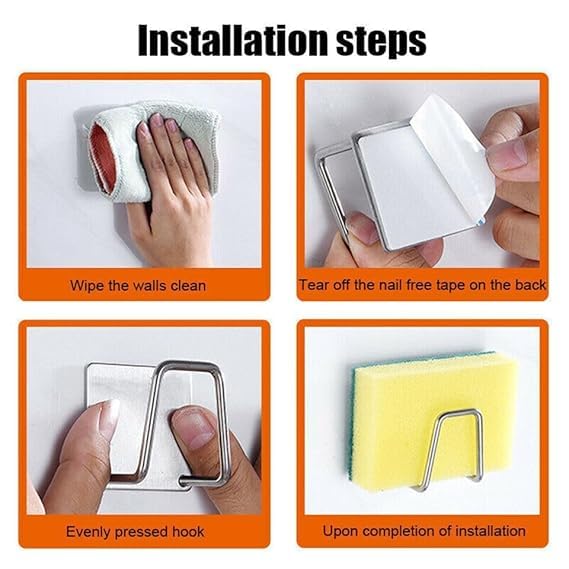Stainless Steel Self Adhesive Sponge Holder for Kitchen Sink,Waterproof Sticky Hook, Scrubber Hanger Caddy Rustproof Drainage Basket with Strong Suction Cups(pack of2)