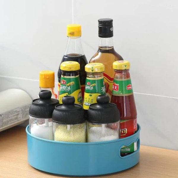 360° Rotating Kitchen Organizer Trolley for Storage with Turntable Tray and Brown Box Compact countertop Solution for Spices Jars Bottles and Daily Essentials