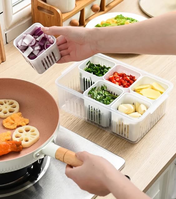 6-in-1 Grid Fridge Storage Containers Fridge Organizer Container & Lid, Stackable Box, Space Saving Plastic Containers for Chopped Vegetables, Fruits