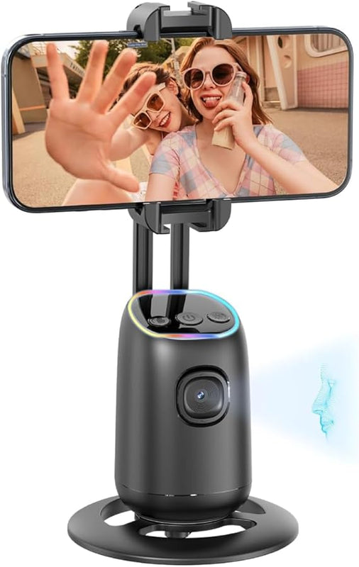 Auto Face Tracking Phone Holder 360° Smart Gimbal Stabilizer With Adjustable Lens & Colorful Lights For Smartphone Vlog Live Chat And Selfies AI Gesture Control Mobile Stand Tripod Stand