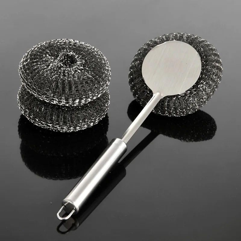 Stainless Steel Scrubber with Long Wool Handle for Dishes Cookware Cleaning, Steel Sponge Ball Brush for Home and Office Tiles