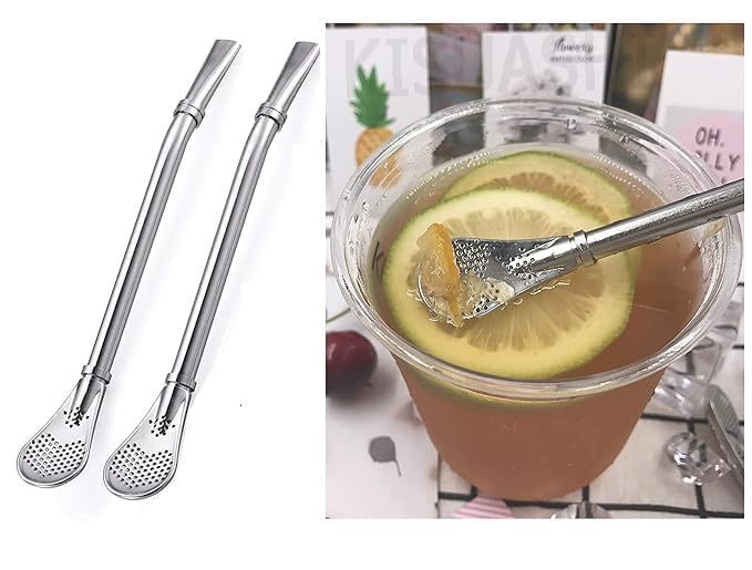 2 in 1 Drinking Straws with Filter Spoon, Stainless Steel Reusable, Leaf Tea Coffee Stirrer Stick, Cocktail Strainer Pipe Stirring Spoon Straws, Filter Spoon