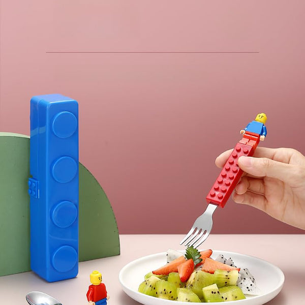 Building Blocks Theme Baby Feeding Stainless Steel Spoon & Fork Set for Kids Tableware Cutlery Suitable for Kids Picnic School Lunch Box (Legoo Cutlery Set)