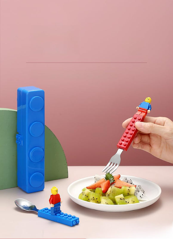 Building Blocks Theme Baby Feeding Stainless Steel Spoon & Fork Set for Kids Tableware Cutlery Suitable for Kids Picnic School Lunch Box (Legoo Cutlery Set)