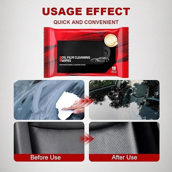 Car Glass Oil Film Removal Wipes pack of 10 pcs, Automotive Oil/Fog Cleaning Wipes for Windshield, Window Wipes Car Glass Cleaner Wipes, Multifunctional Wet Wipes