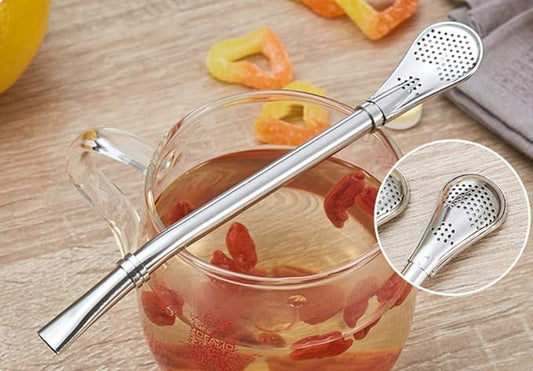 2 in 1 Drinking Straws with Filter Spoon, Stainless Steel Reusable, Leaf Tea Coffee Stirrer Stick, Cocktail Strainer Pipe Stirring Spoon Straws, Filter Spoon