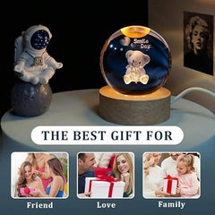 Teddy Bear 3D Crystal Smile Day Lamp – USB Powered, Engraved Crystal Ball LED Night Light with Wooden Base Ideal for Home & Office Décor, Birthday Gift for Adults (Warm White) (Smile Day Taddy)
