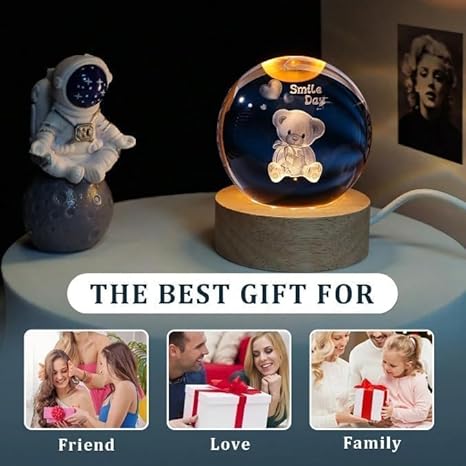 Teddy Bear 3D Crystal Smile Day Lamp – USB Powered, Engraved Crystal Ball LED Night Light with Wooden Base Ideal for Home & Office Décor, Birthday Gift for Adults (Warm White) (Smile Day Taddy)