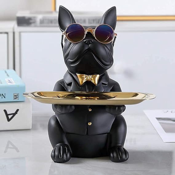 Modern Decor Resin Bulldog Tray Statue Tray Storage Key Holder Candy Jewelry Earrings Tray Suitable for Home Decor Modern Art Dining Table Decor Office Small Object Tray (Black)