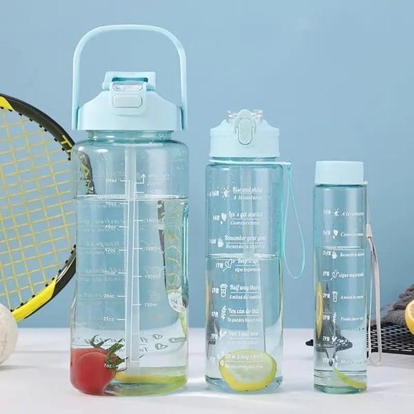 Water Bottle Set of 3 2000 ml Bottle With Drinking Glass  (Pack of 1, Multicolor, Silicone, Plastic) Leak proof 3PCS