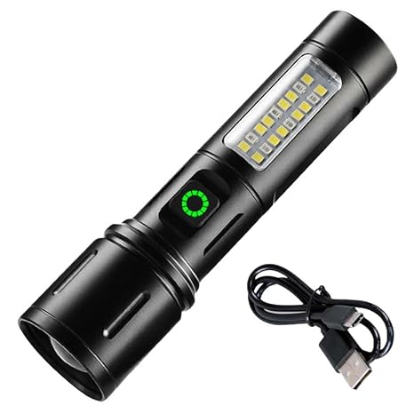 Crobat Aluminum Alloy Rechargeable Tactical Flashlight Torch, 6 Modes, Aluminum Body, Telescopic Zoom Rechargeable Battery, Type-C Fast Charging, Waterproof Body