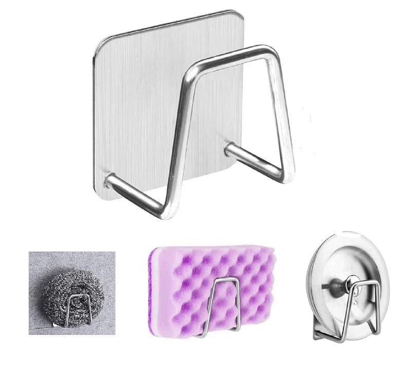 Stainless Steel Self Adhesive Sponge Holder for Kitchen Sink,Waterproof Sticky Hook, Scrubber Hanger Caddy Rustproof Drainage Basket with Strong Suction Cups(pack of2)