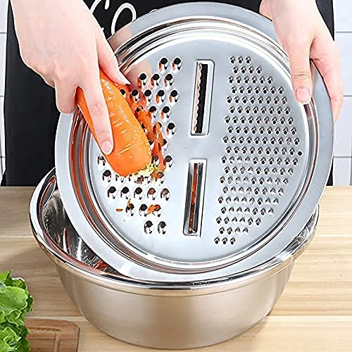 Stainless Steel Mirror Finish 3-in-1 Multipurpose Drain Basket- Grater- Basin Bowl; Vegetable Slicer For Kitchen Cutting|for Fruits And Other Items|Outer Diameter- 26 Cm,Silver