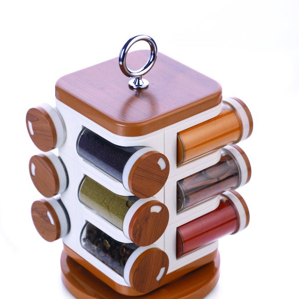 GANESH Multipurpose Revolving Round Shape Plastic Spice Jars containers For Kitchen Organizer Items, Spices Storage Jar/ Masala Box/ Spice Rack/ Condiment Masala Rack Container Set ( 12 Pieces, Wooden Finish)